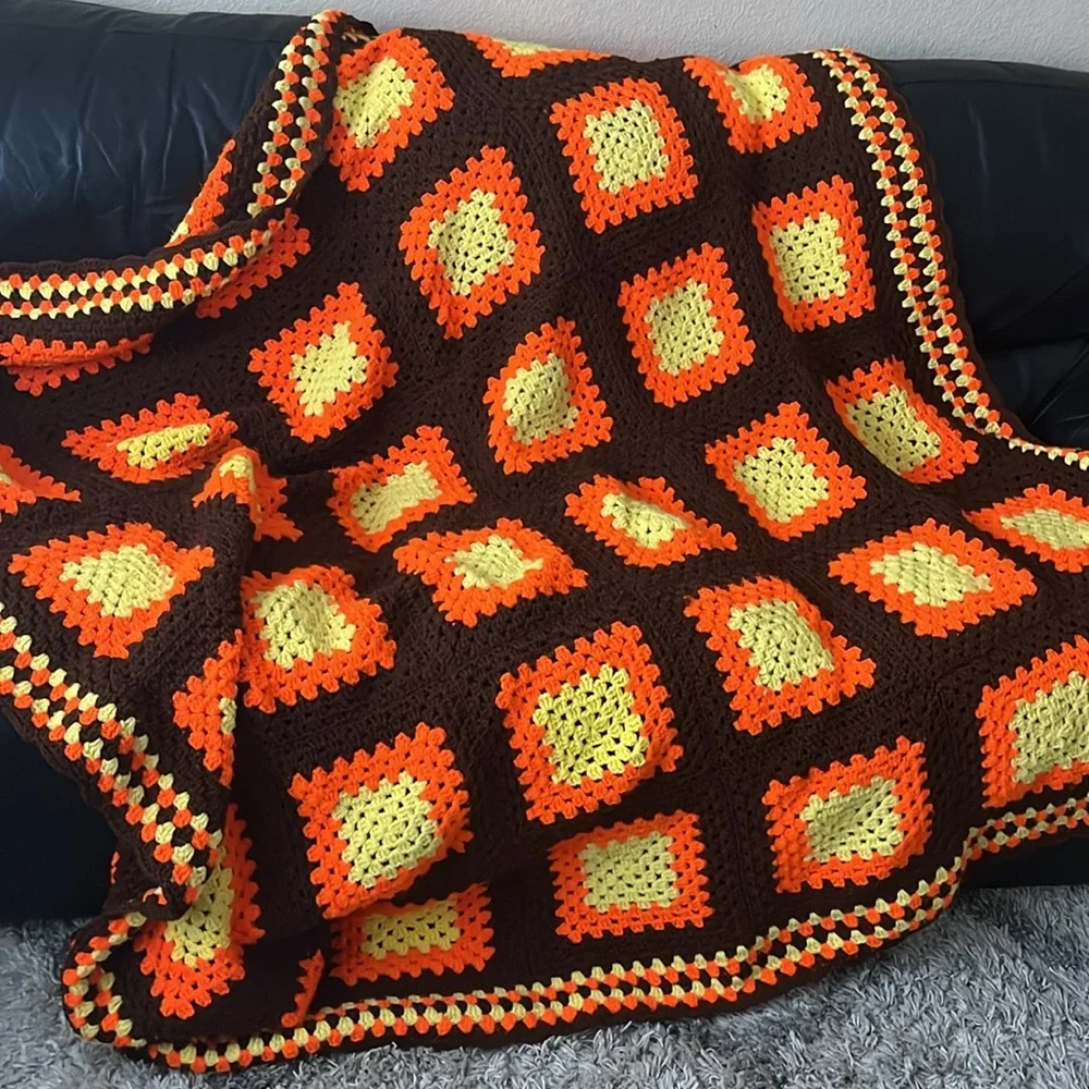 Granny Square Boho Crochet Blanket Cottagecore Country Cabin Farmhouse Rustic